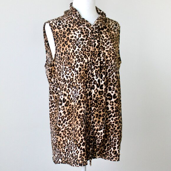 Tahari Brown Leopard Print Scarf Bow Sleeveless Blouse Top Medium - Picture 4 of 6